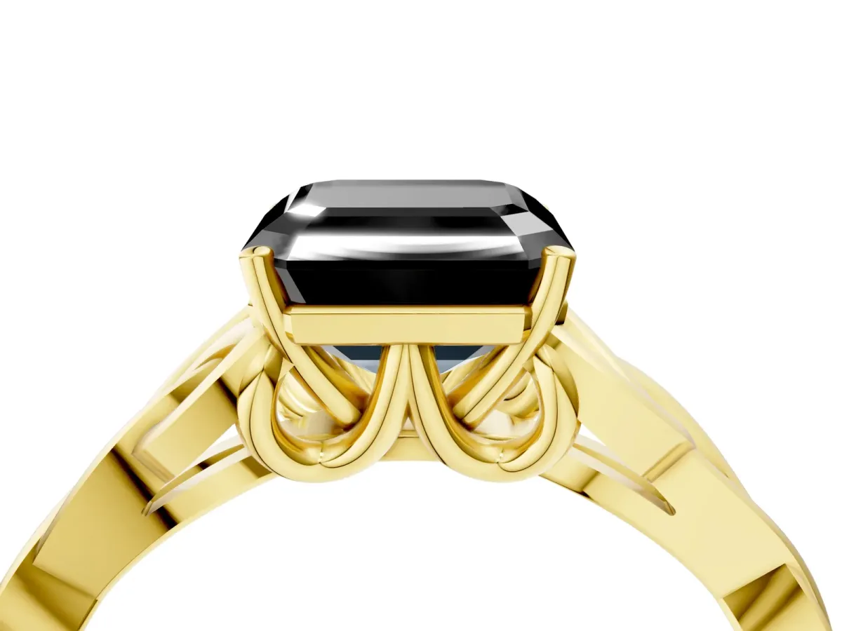 Fancy Black Asscher Cut Diamond Solitaire Engagement Ring with Celtic Knot Band and Four-Prong Setting Yellow gold