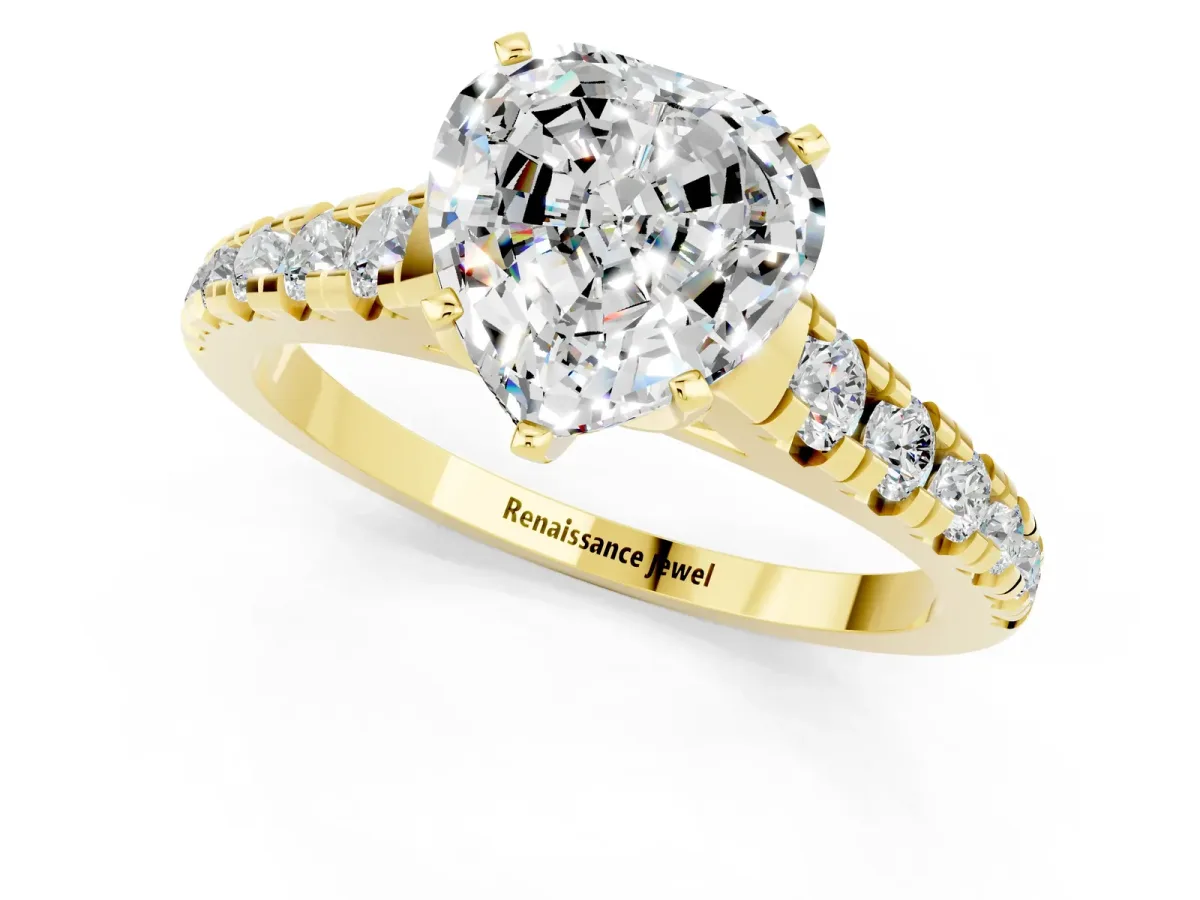 Heart Cut Moissanite Cathedral Solitaire Ring with Round Pavé Band Yellow gold