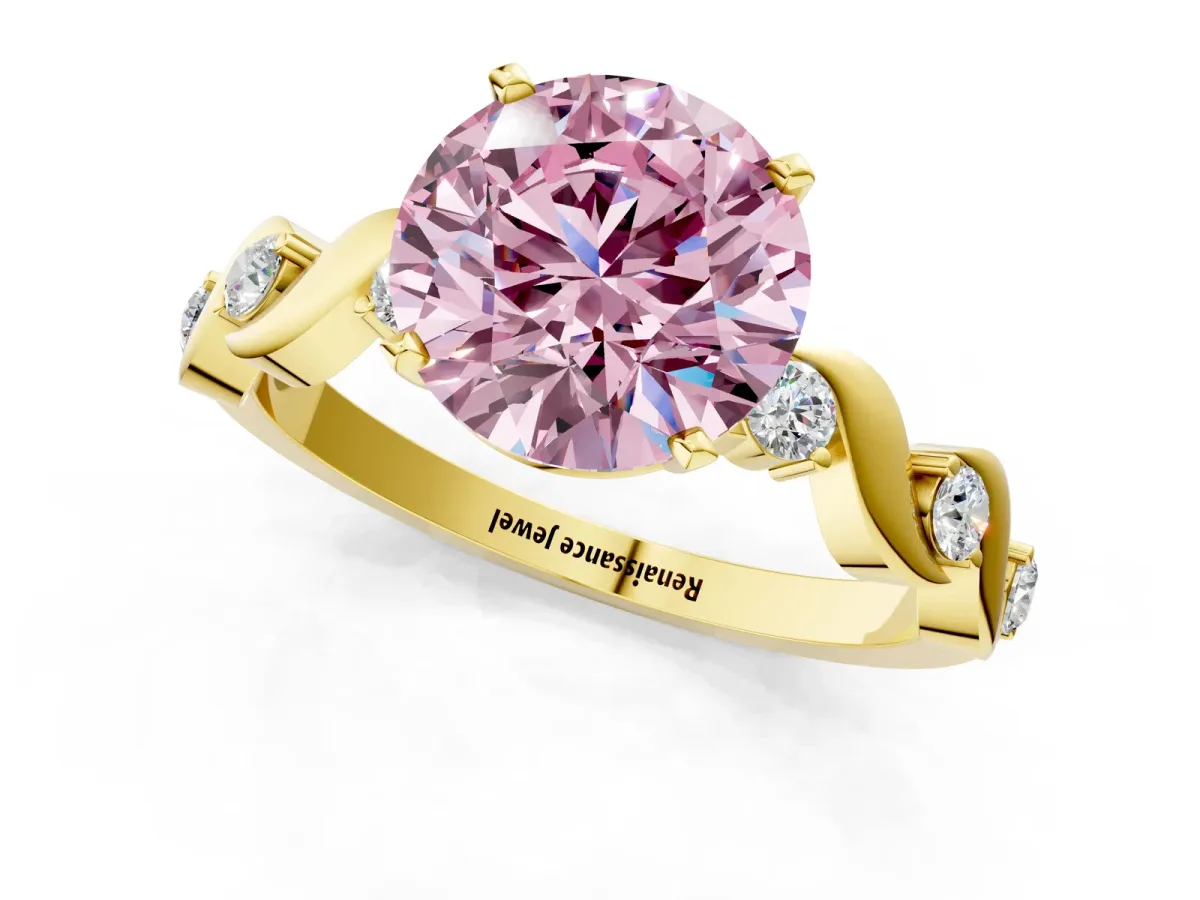 Fancy Pink Round Cut Diamond Solitaire Twisted Band with Round Accents and Prong Setting Yellow gold
