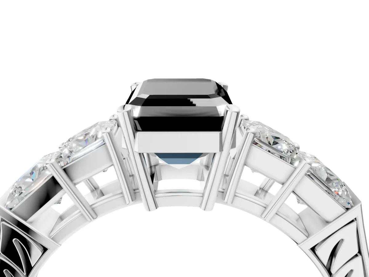 Fancy Black Emerald Cut Solitaire Princess Side Stone Engraved Band Prong Setting Ring White gold