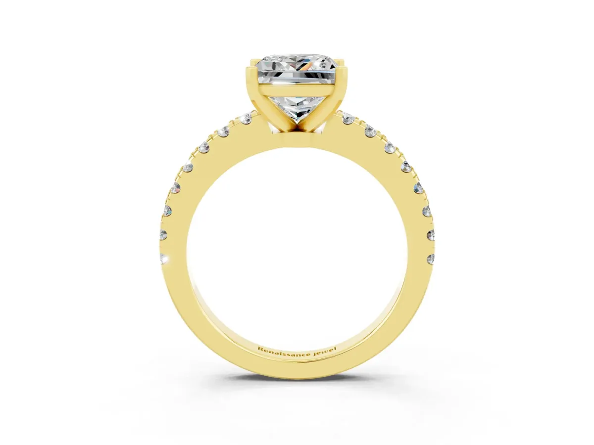 Princess Cut Solitaire Moissanite with Pavé Band and Four-Prong Setting Yellow gold