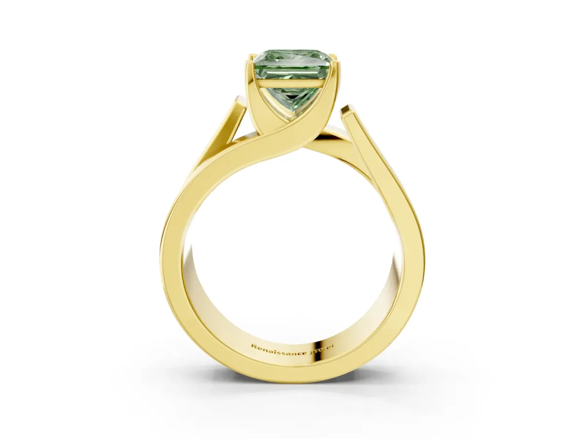 Fancy Green Modern Tension Set Princess Cut Diamond Solitaire Wide Band Ring Yellow gold