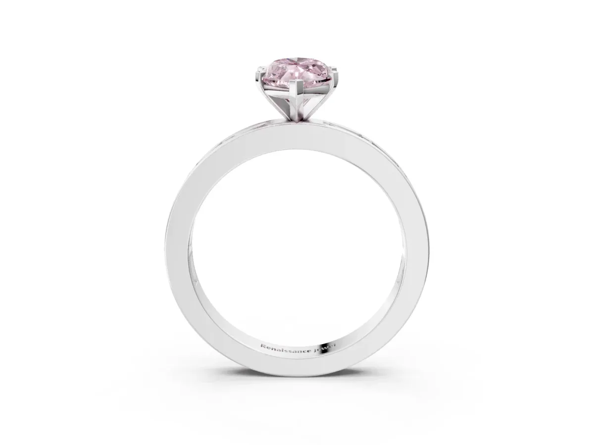 Fancy Pink Marquise Cut Solitaire Diamond Ring with Channel-Set Baguette Band and Four-Prong Setting Platinum