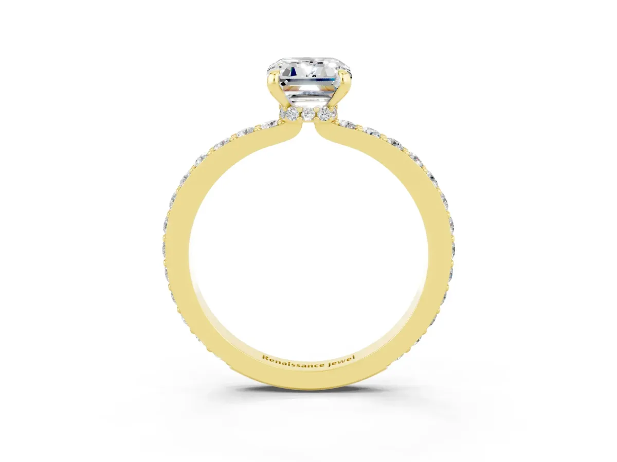 Emerald Cut Moissanite Solitaire Engagement Ring with Pavé Band and Four-Prong Setting Yellow gold