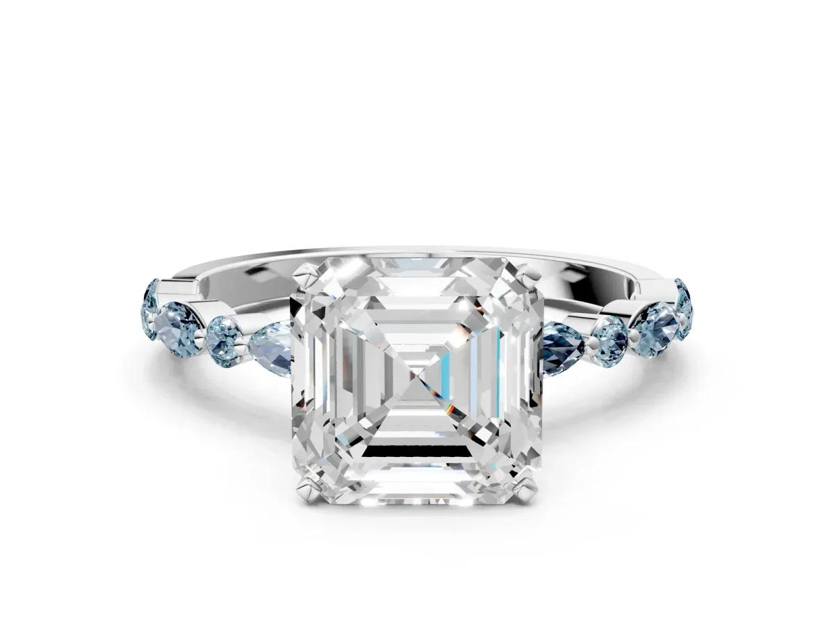 Asscher Cut Diamond Ring with Marquise and Round Aquamarine Side Stones and Four-Prong Setting Platinum