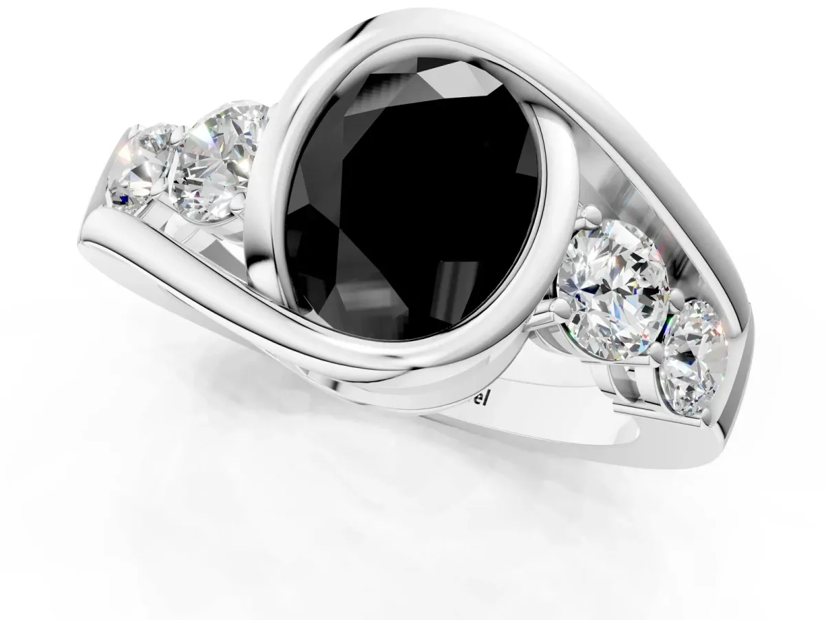 Fancy Black Bezel Set Oval Cut Diamond Bypass Ring with Round Accents Silver