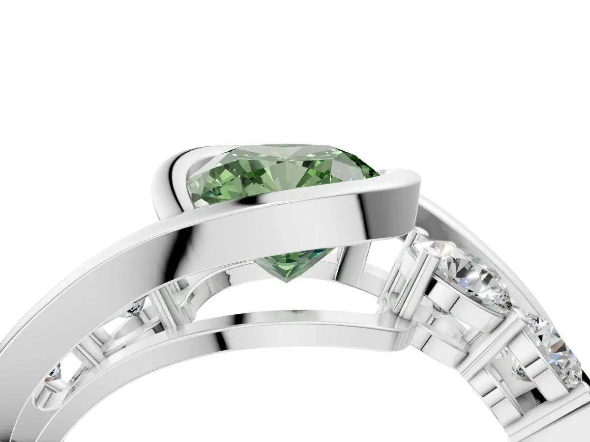Fancy Green Bezel Set Cushion Cut Diamond Bypass Ring with Round Accents Silver