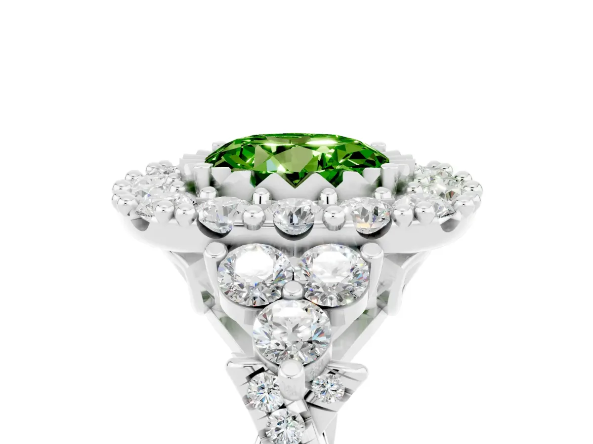Round Cut Peridot Halo Ring with Pavé Band and Four-Prong Setting Silver