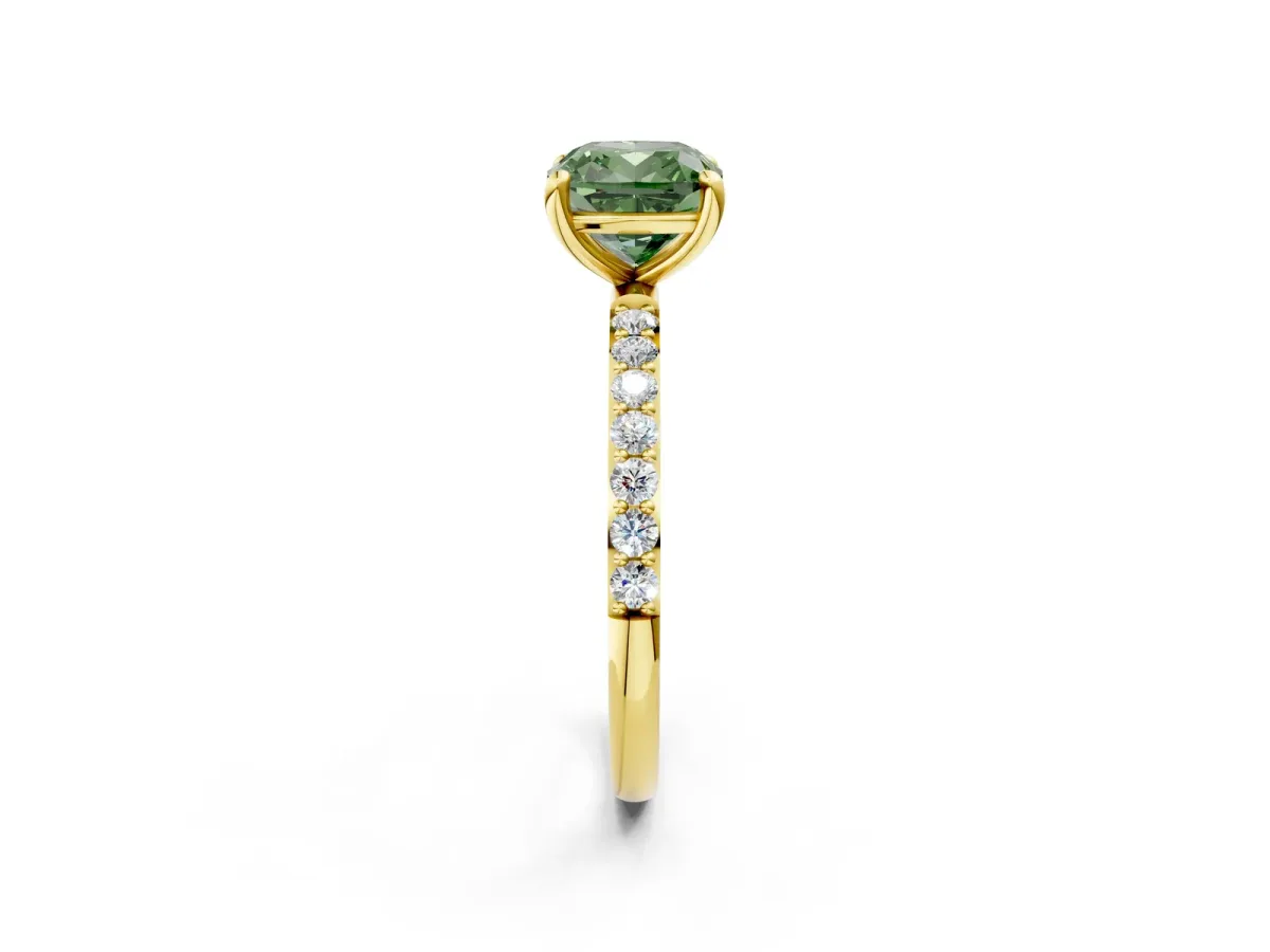 Fancy Green Cushion Cut Diamond Solitaire Ring with Round Pavé Band and Prong Setting Yellow gold