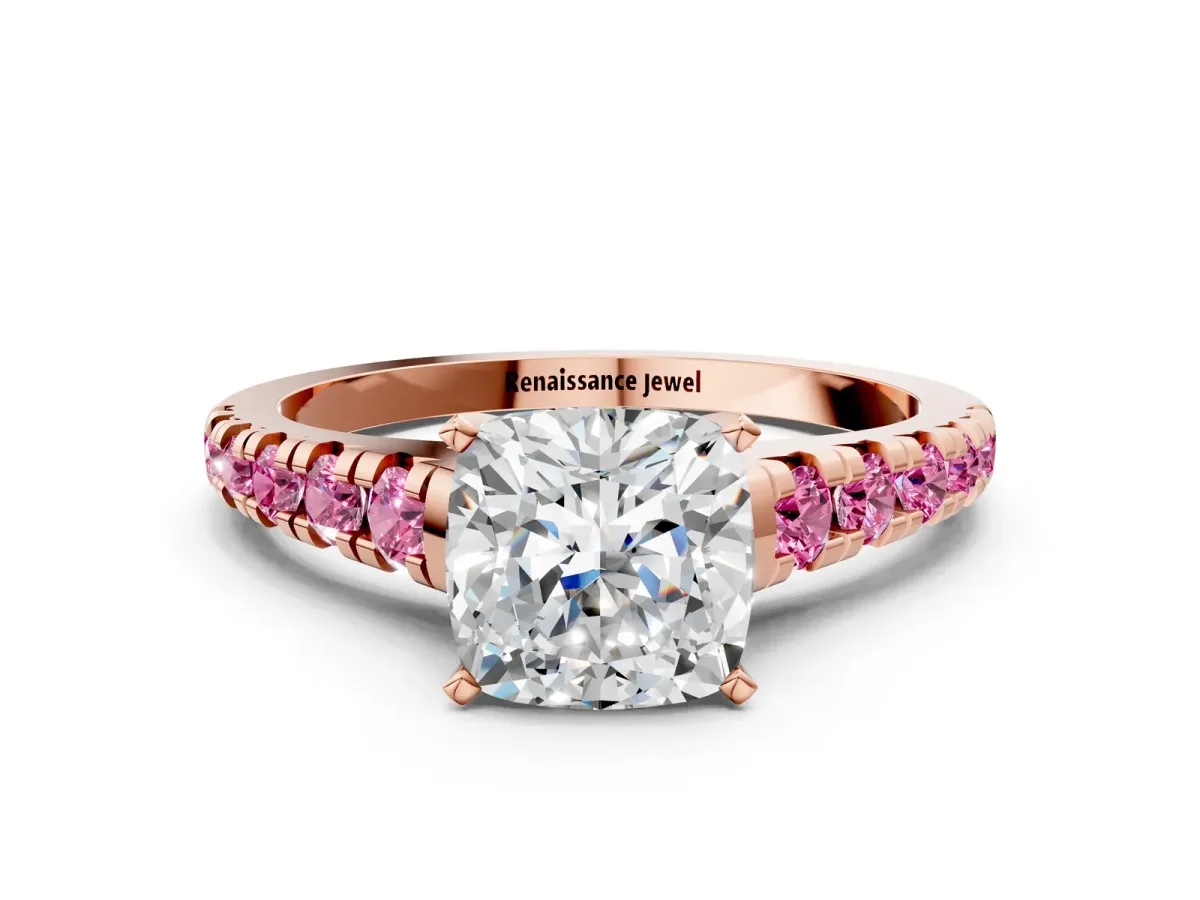 Cushion Cut Diamond Cathedral Solitaire Ring with Round Pink Sapphire Pavé Band Rose gold