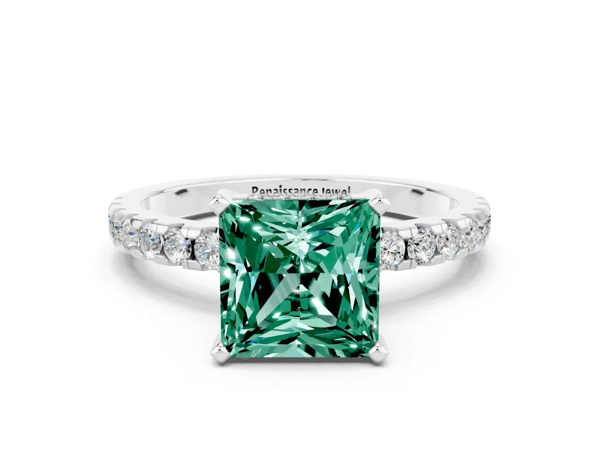 Princess Cut Green Sapphire Solitaire Ring with Round Pavé Band and Four-Prong Setting White gold
