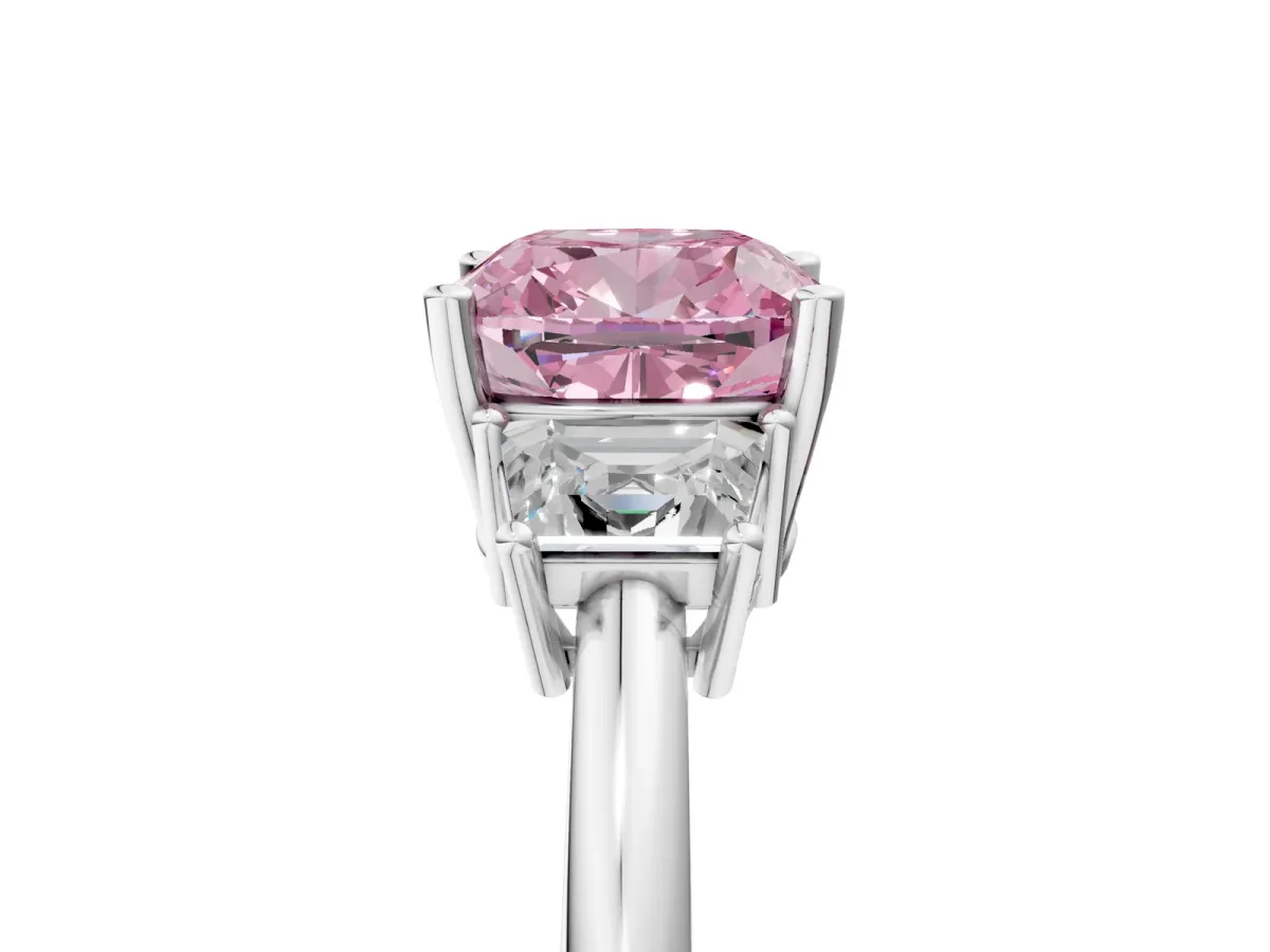 Fancy Pink Cushion Cut Diamond Three-Stone Ring with Trapezoid Side Stones and Prong Setting Silver
