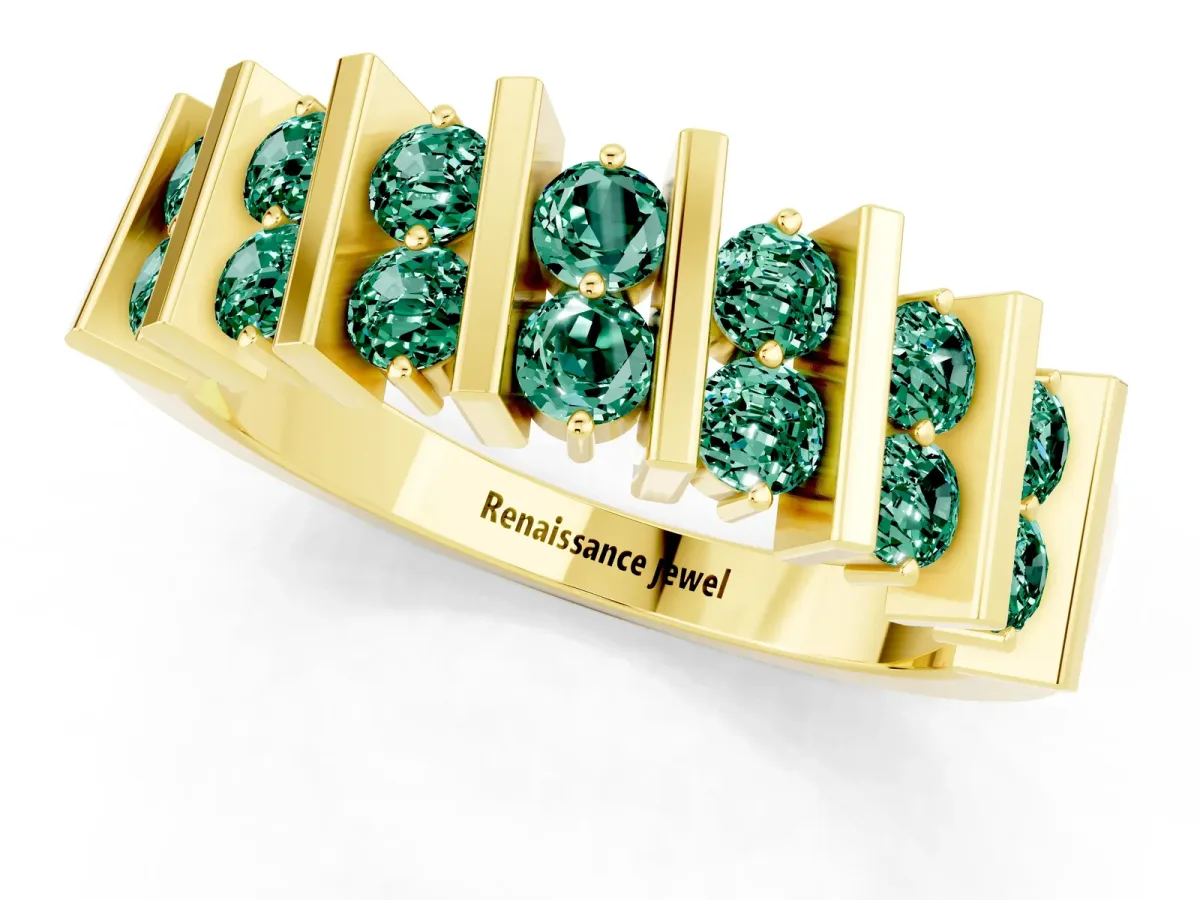 Channel Set Round Green Sapphire Anniversary Band with Vertical Prongs Yellow gold