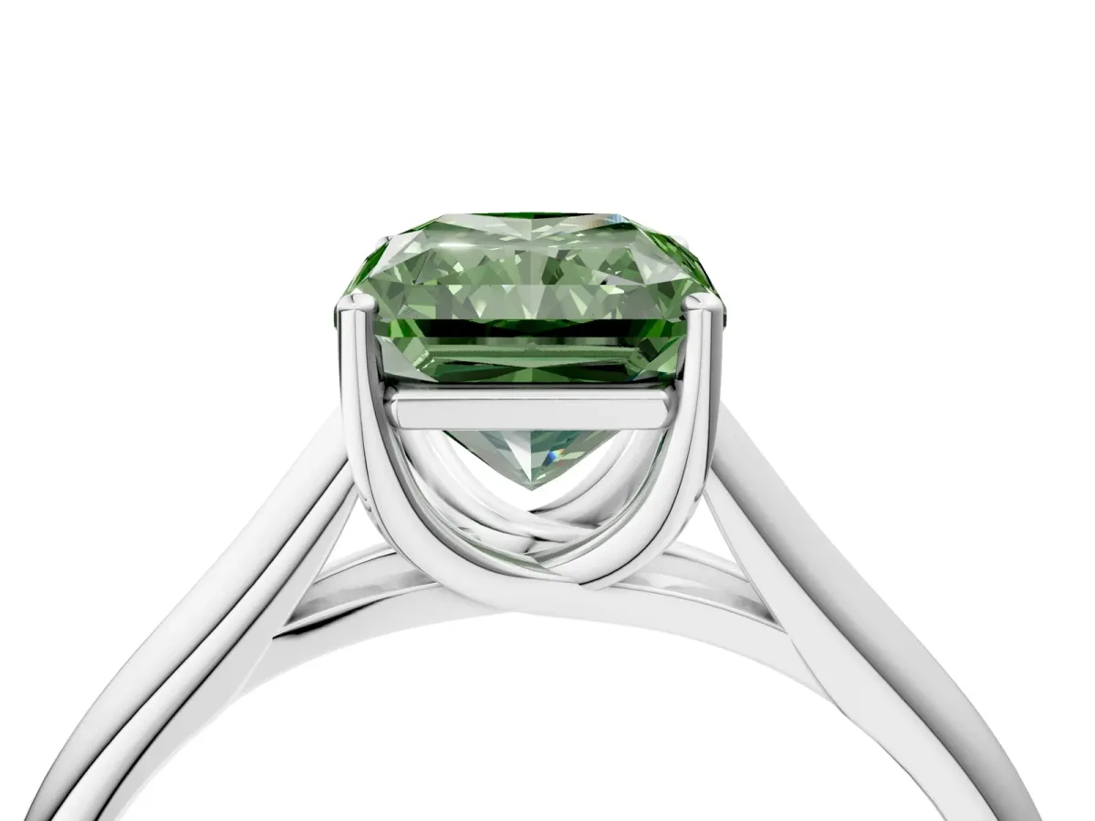 Fancy Green Radiant Cut Solitaire Engagement Ring with Tapered Band and Four-Prong Setting Platinum