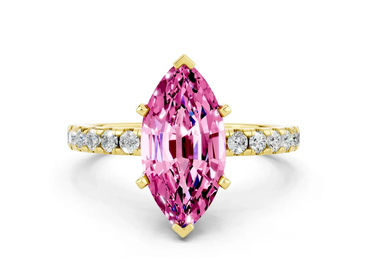 Marquise Cut Pink Sapphire Solitaire Ring with Round Pavé Band and Four-Prong Setting Yellow gold