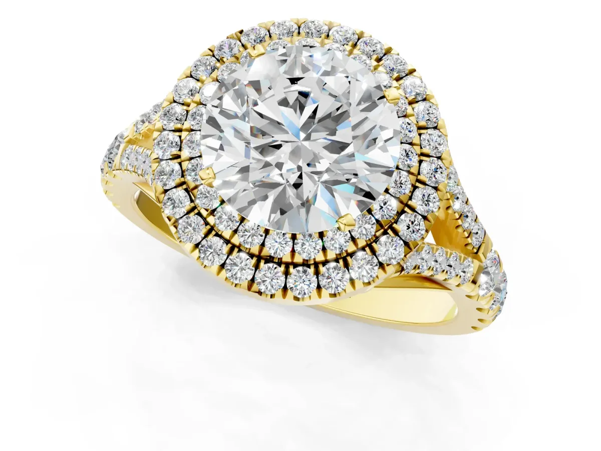 Round Cut Diamond Double Halo Ring with Split Shank and Prong Setting Yellow gold