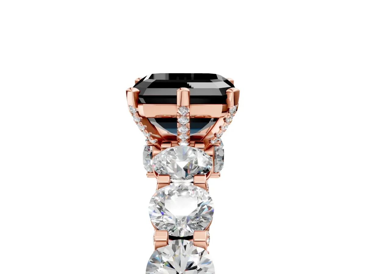 Fancy Black Asscher Cut Diamond Side Stone Engagement Ring with Four-Prong Setting Rose gold