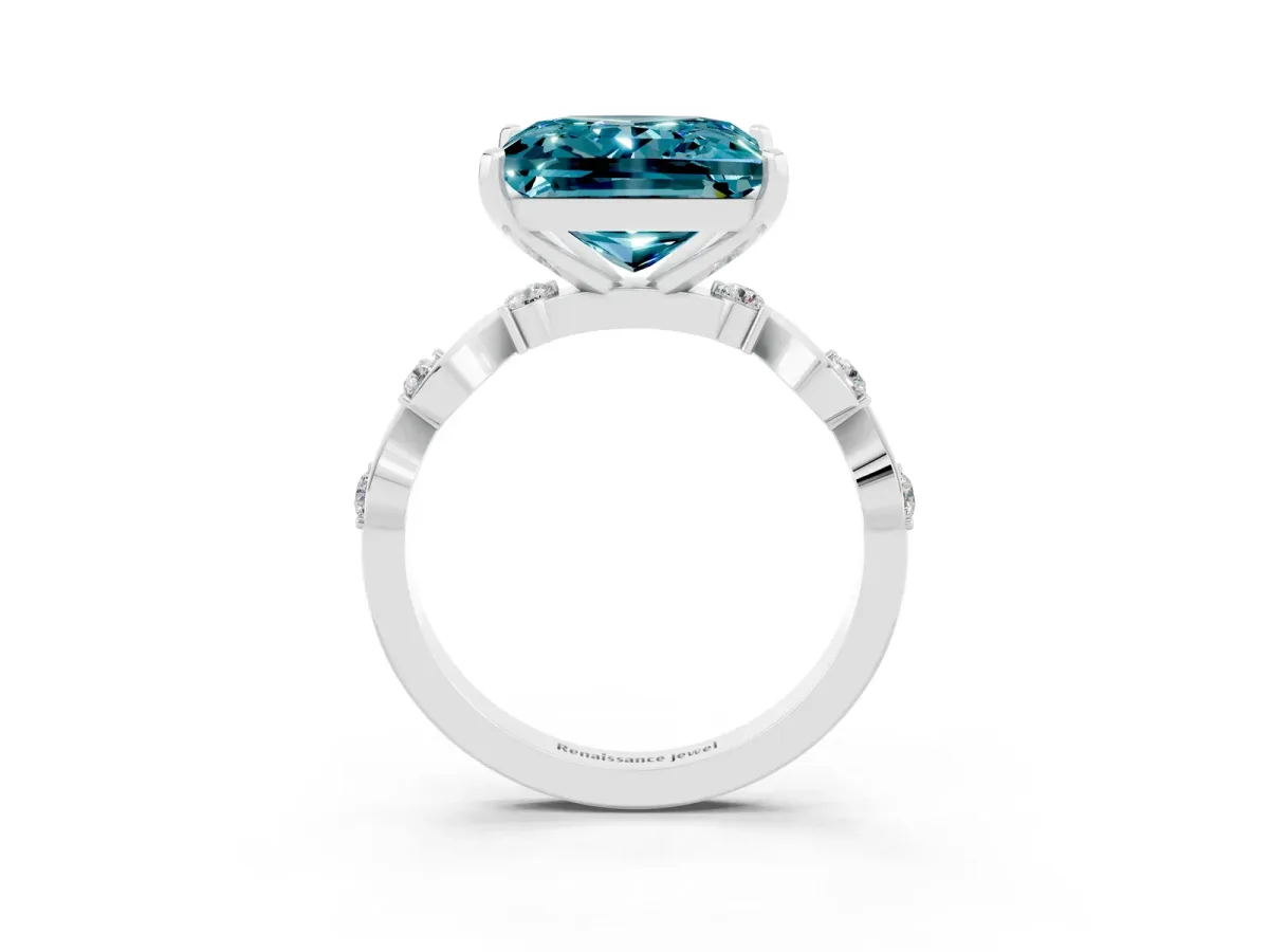 Princess Cut Blue Topaz Solitaire Twisted Band with Round Accents and Prong Setting White gold