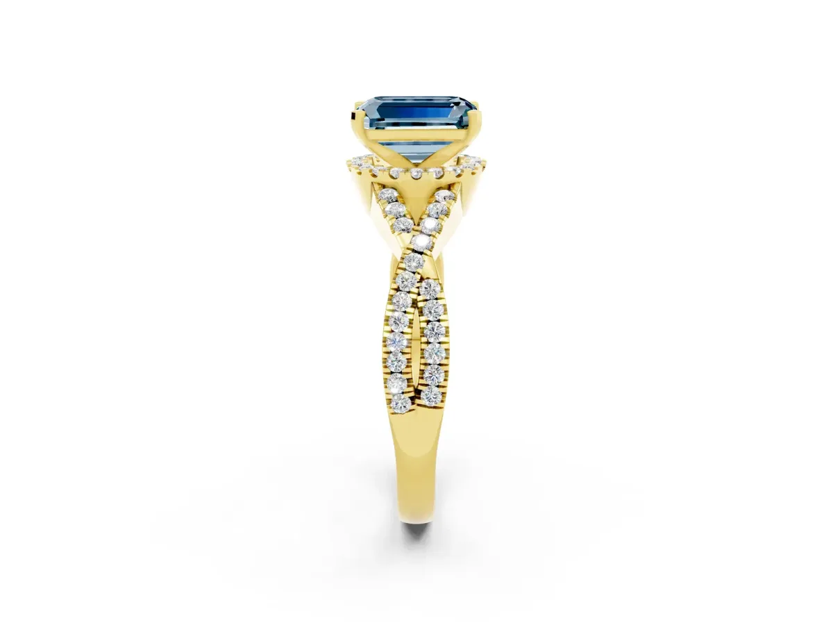 Emerald Cut Aquamarine Halo Twist Band Solitaire Prong Setting Ring Yellow gold