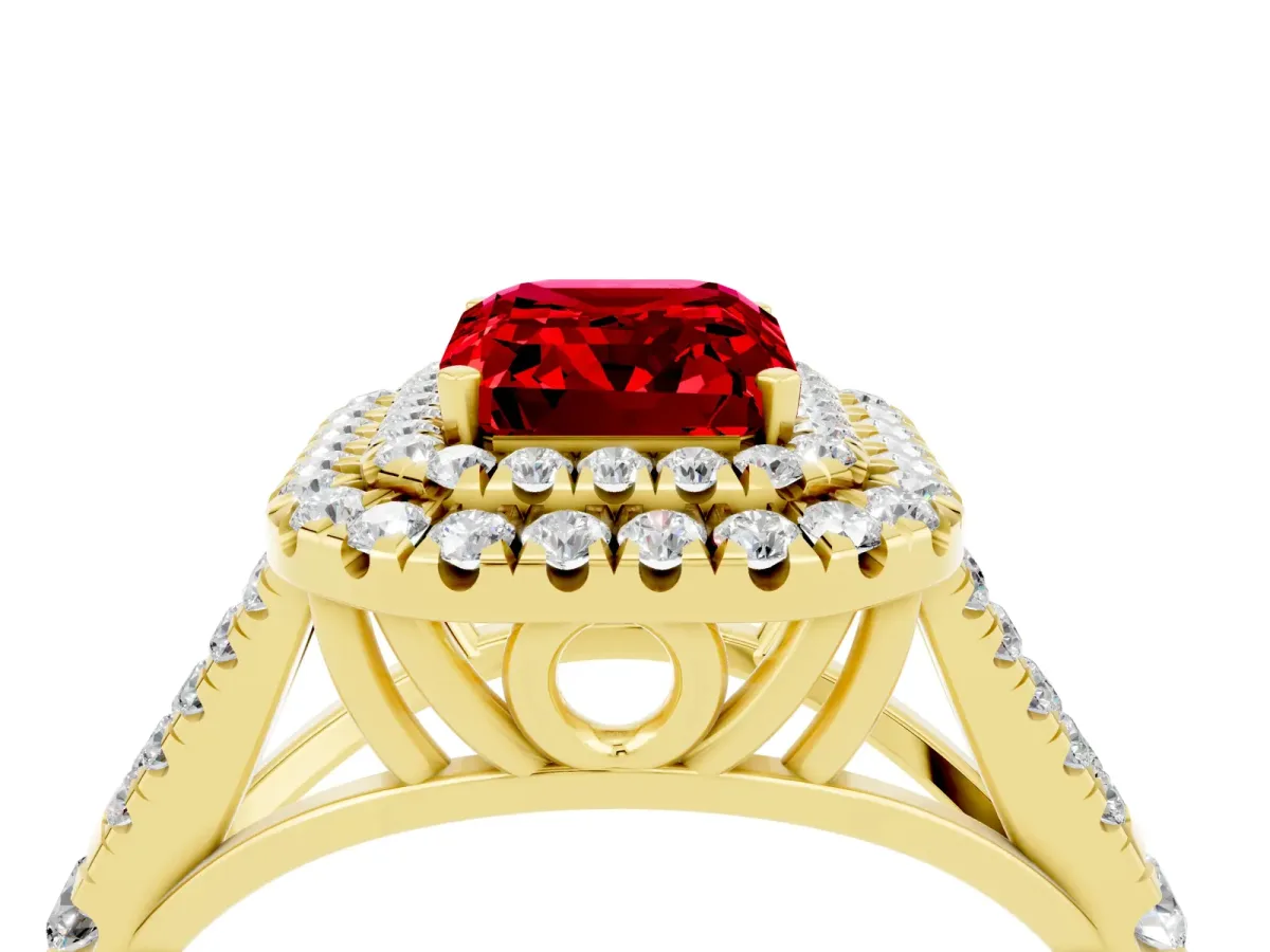 Double Halo Emerald Cut Ruby Split Shank Engagement Ring with Four-Prong Setting Yellow gold
