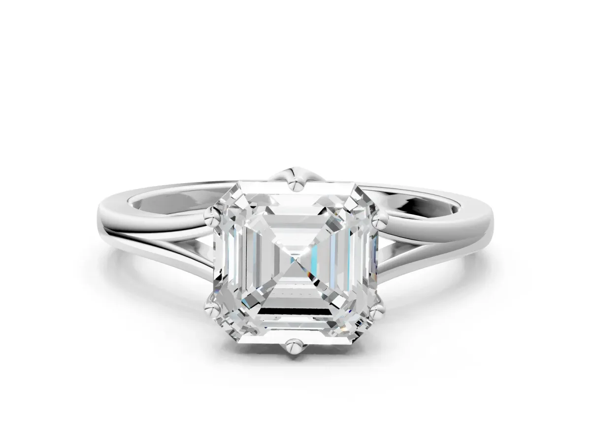 Asscher Cut Solitaire Diamond Ring with Six-Prong Setting and Tapered Band Platinum