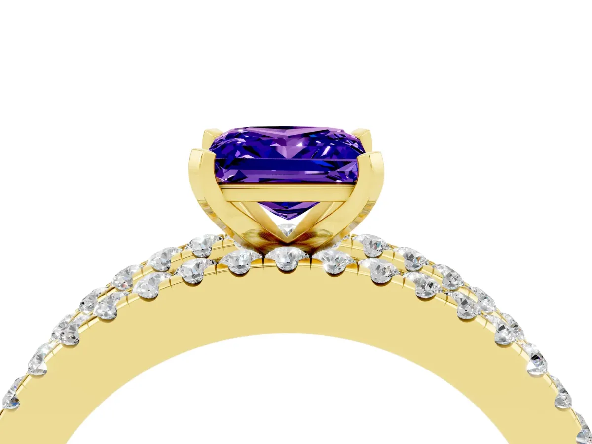 Princess Cut Tanzanite Solitaire Ring with Pavé and Channel Set Band Yellow gold