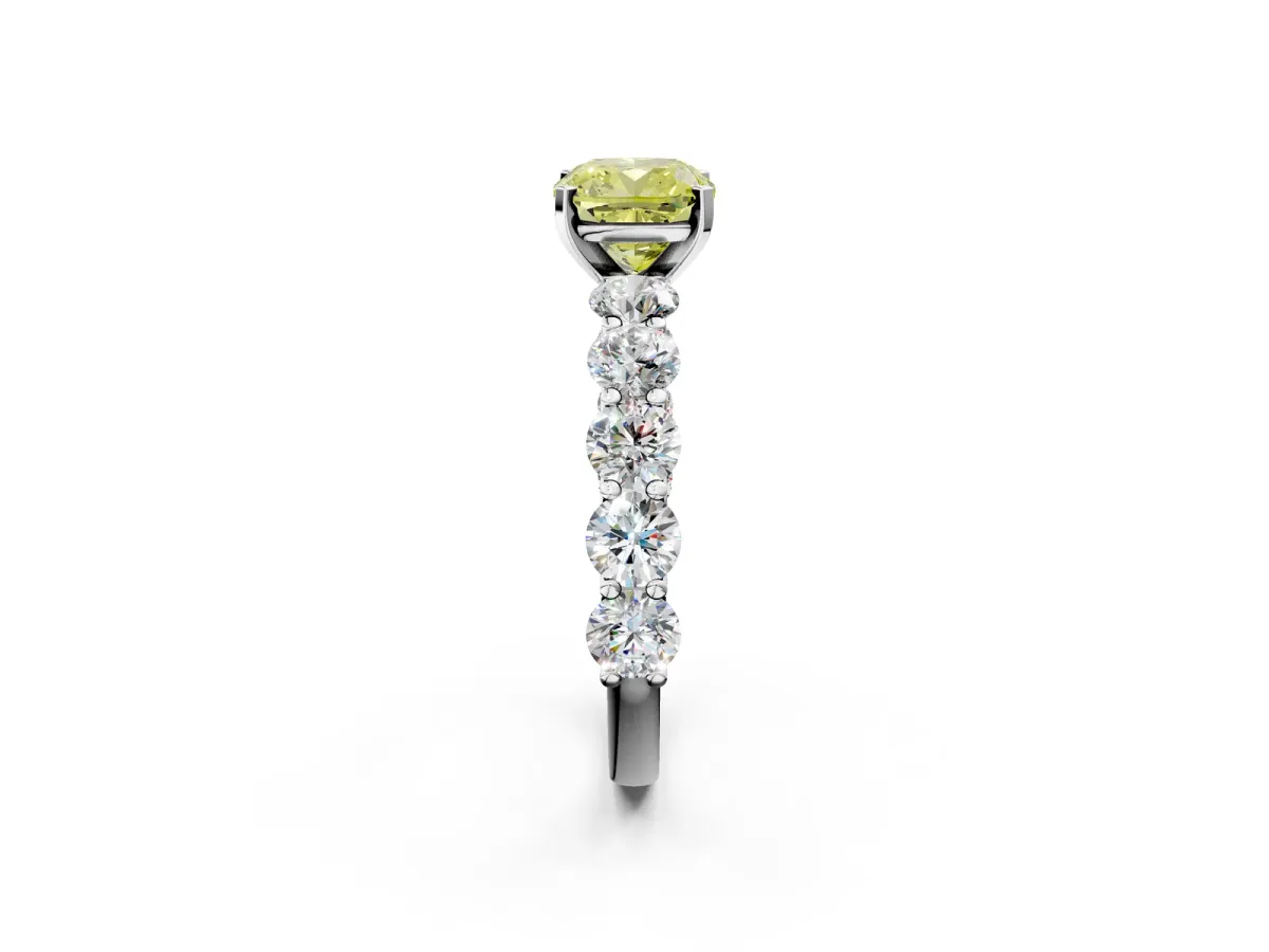 Fancy Yellow Cushion Cut Diamond Prong Setting with Side Stones on a Pave Band Silver