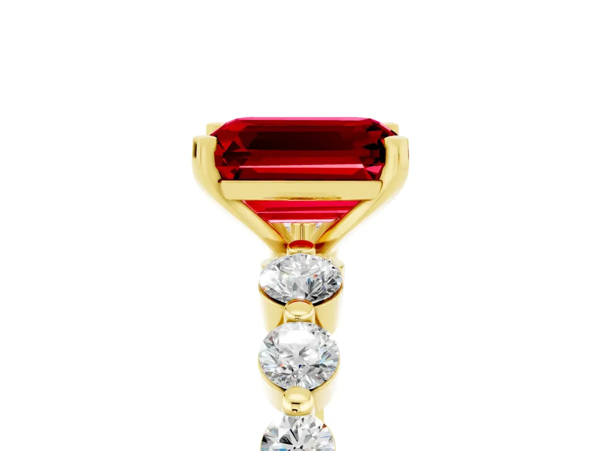 Emerald Cut Solitaire Ruby Ring with Pave Band and Four-Prong Setting Yellow gold
