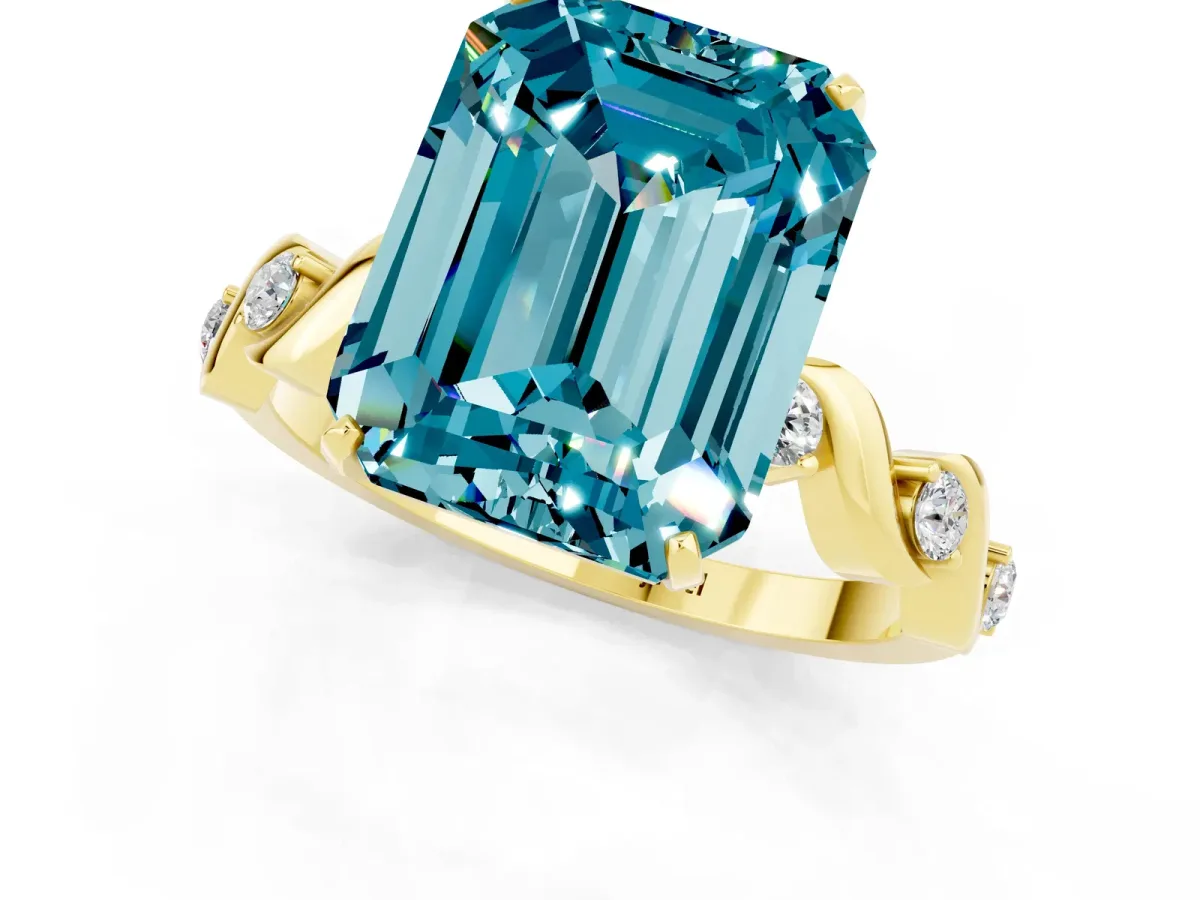 Emerald Cut Blue Topaz Solitaire Twisted Band with Round Accents and Prong Setting Yellow gold