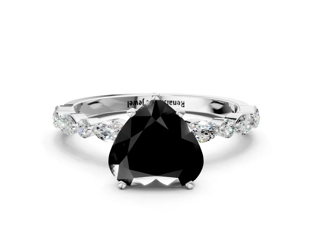 Fancy Black Heart Cut Diamond Ring with Marquise and Round Side Stones and Four-Prong Setting White gold