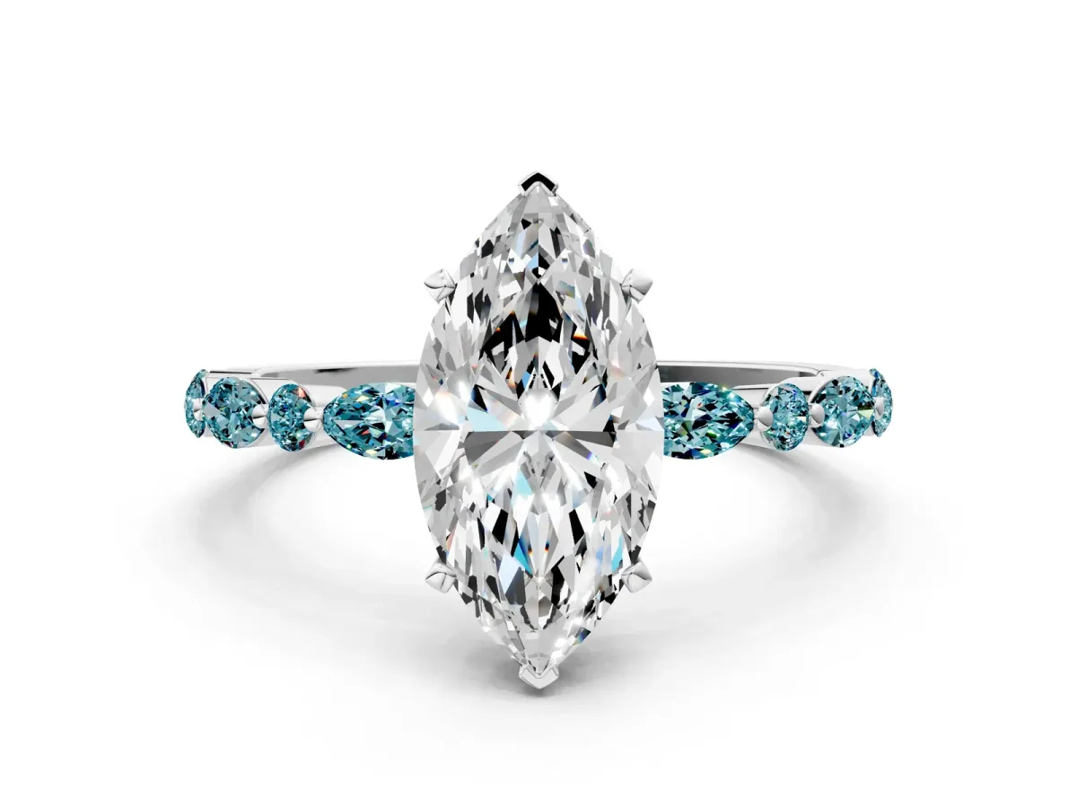 Marquise Cut Diamond Ring with Marquise and Round Blue Topaz Side Stones and Four-Prong Setting Platinum