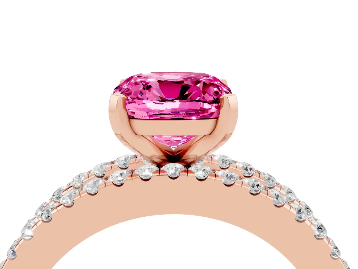 Cushion Cut Pink Sapphire Solitaire Ring with Pavé and Channel Set Band Rose gold