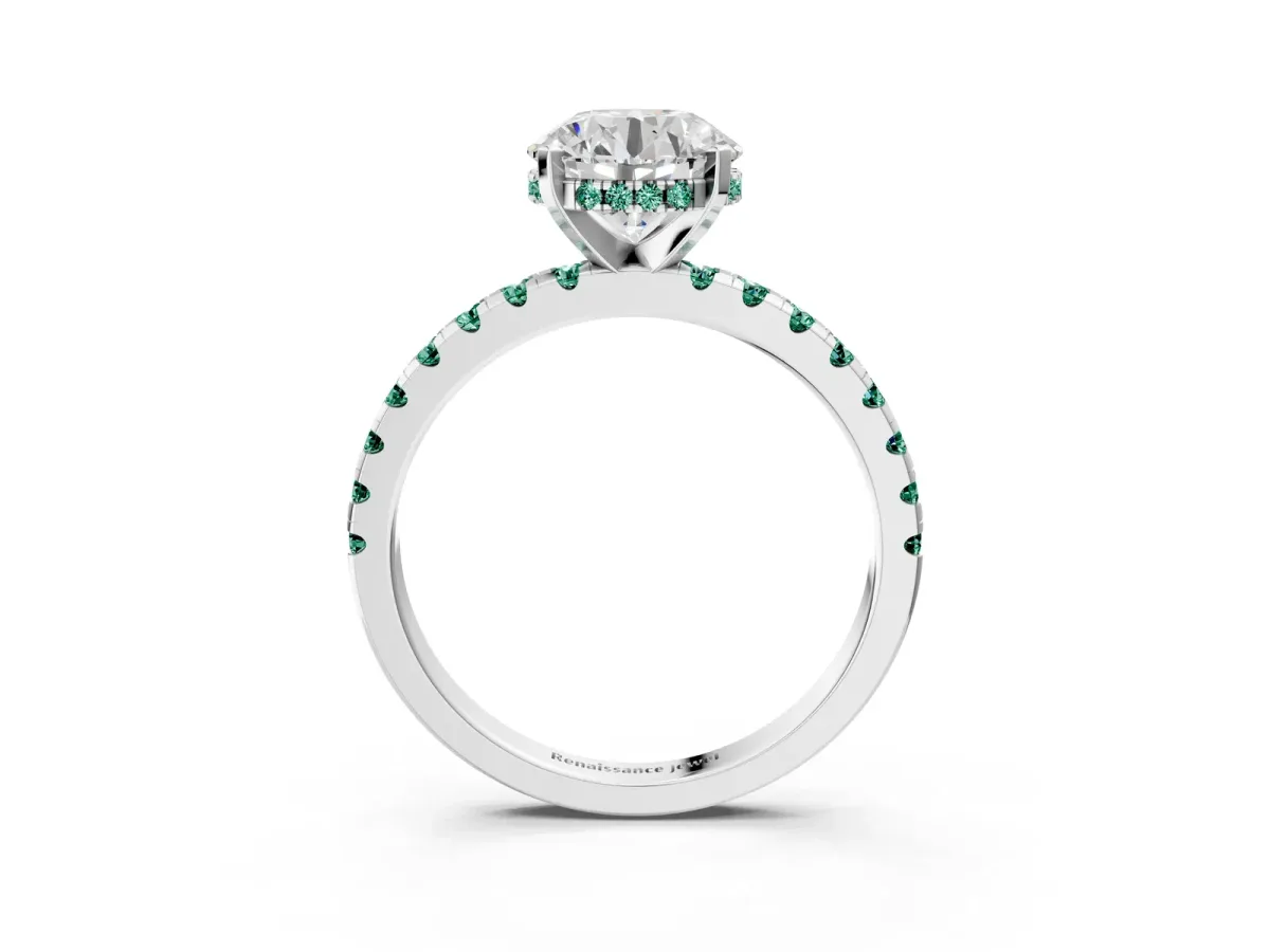 Round Cut Diamond Solitaire Ring with Round Green Sapphire Pavé Band and Four-Prong Setting White gold