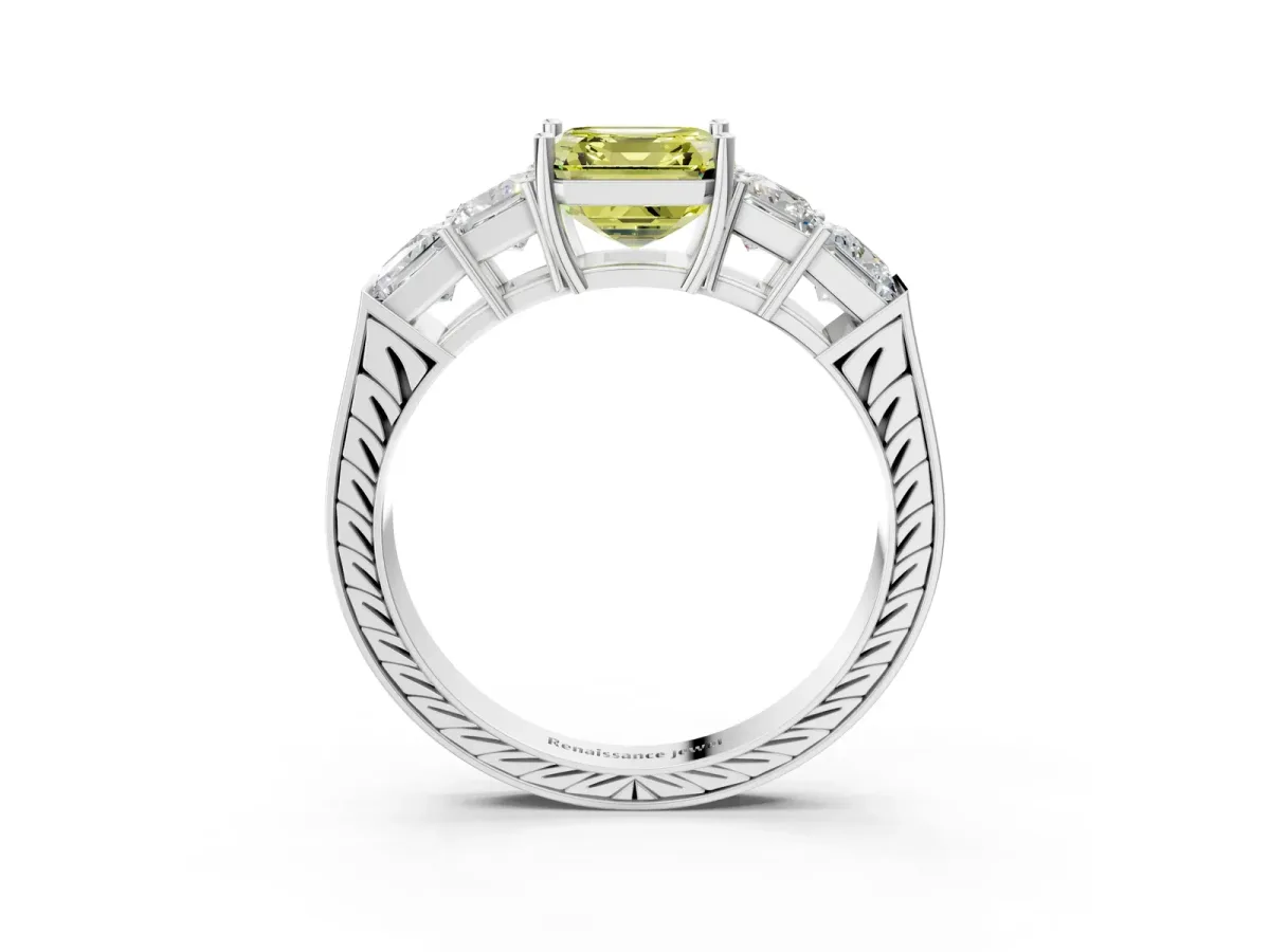 Fancy Yellow Asscher Cut Solitaire Princess Side Stone Engraved Band Prong Setting Ring Silver