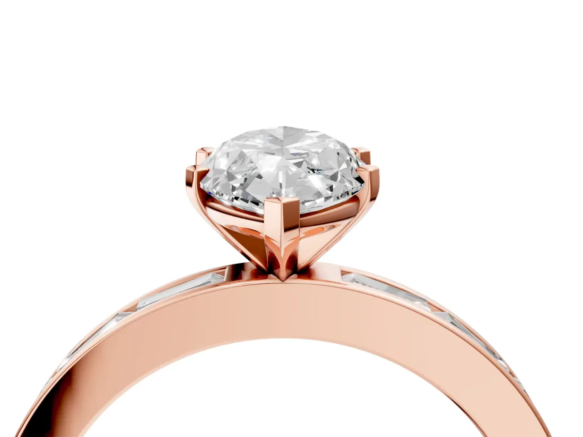Marquise Cut Solitaire Diamond Ring with Channel-Set Baguette Band and Four-Prong Setting Rose gold
