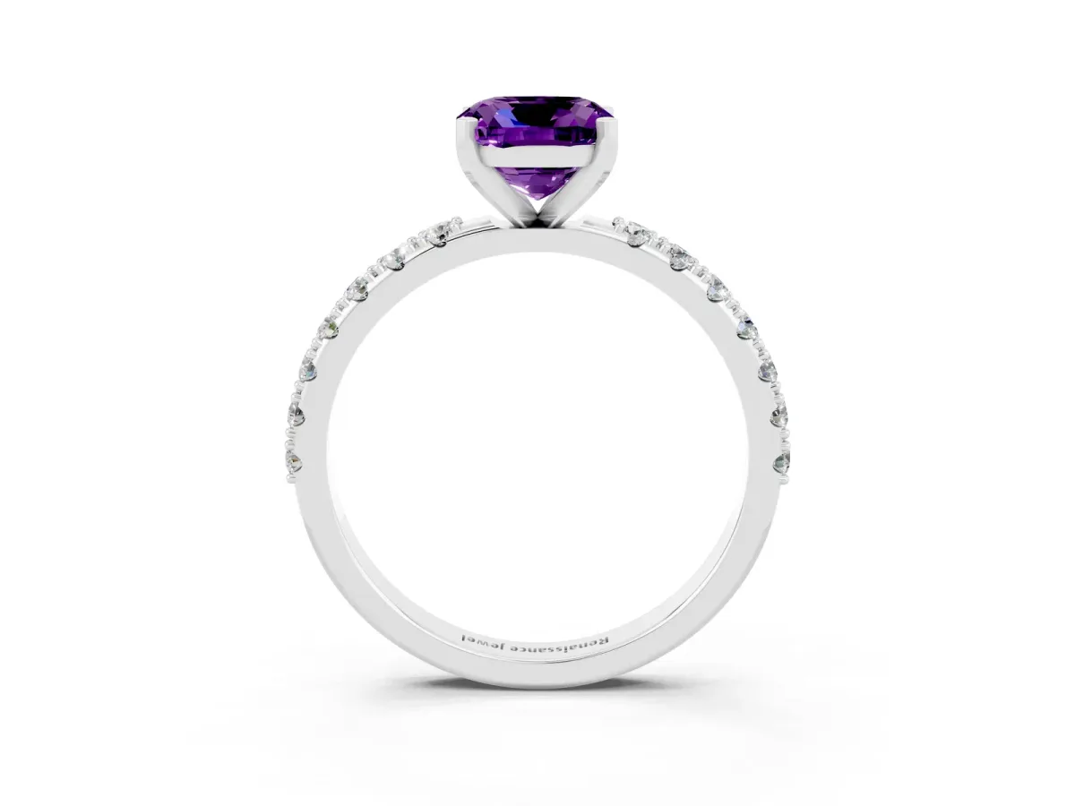 Cushion Cut Amethyst Solitaire Pavé Band with Four-Prong Setting Platinum