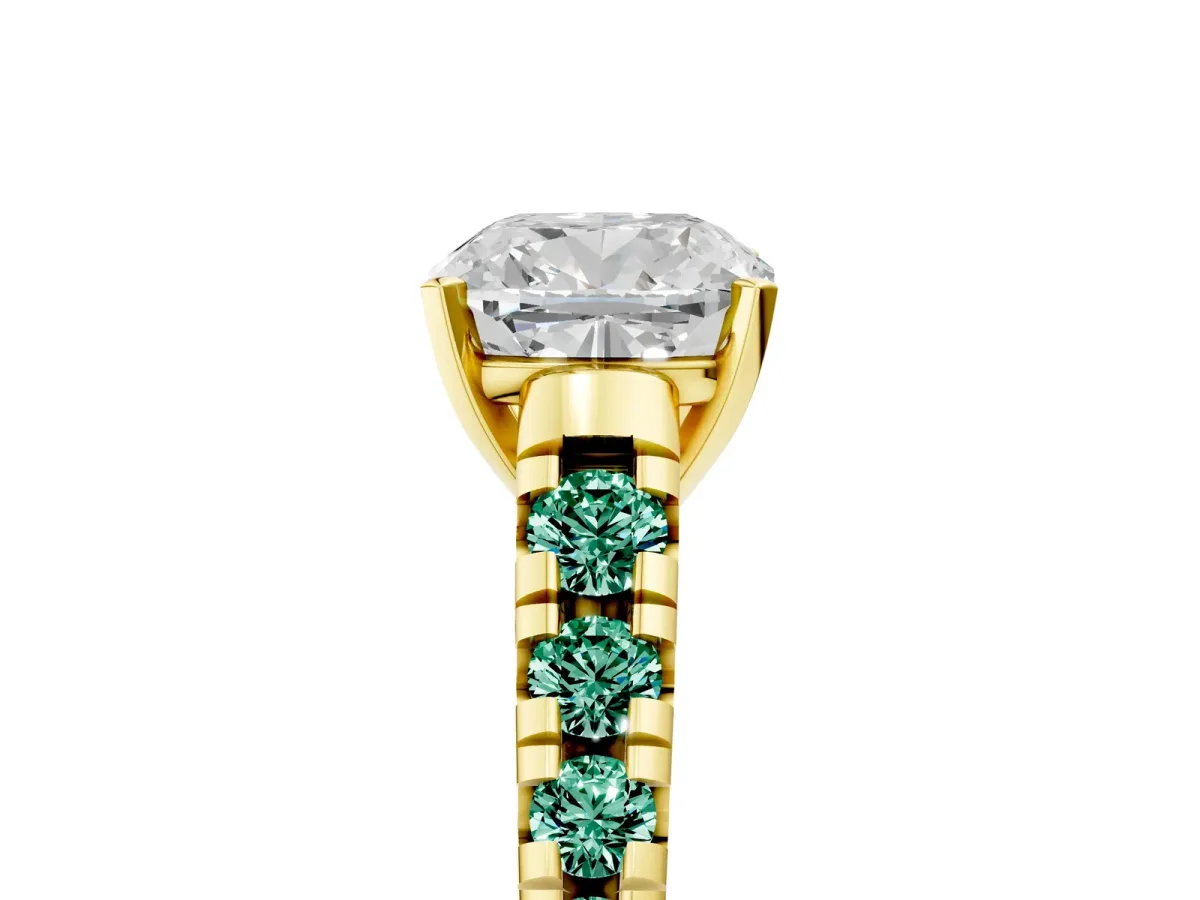 Cushion Cut Diamond Cathedral Solitaire Ring with Round Green Sapphire Pavé Band Yellow gold