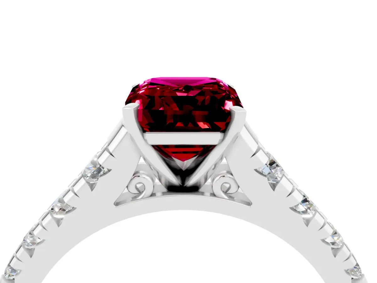 Emerald Cut Garnet Cathedral Solitaire Ring with Round Pavé Band White gold