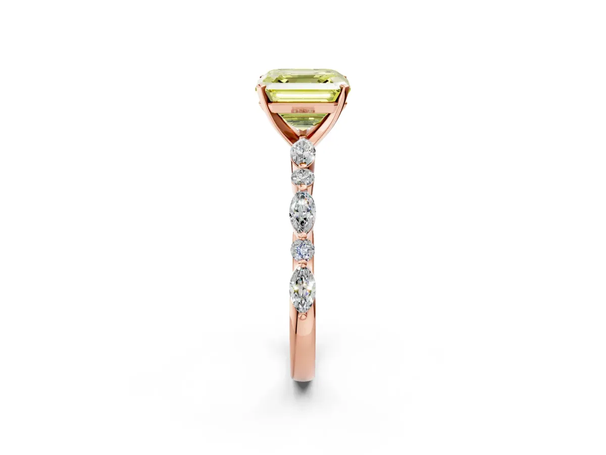 Fancy Yellow Asscher Cut Diamond Ring with Marquise and Round Side Stones and Four-Prong Setting Rose gold