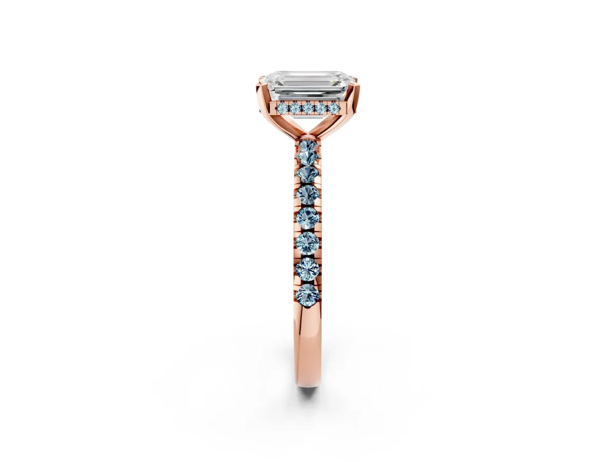 Emerald Cut Diamond Solitaire Ring with Round Aquamarine Pavé Band and Four-Prong Setting Rose gold