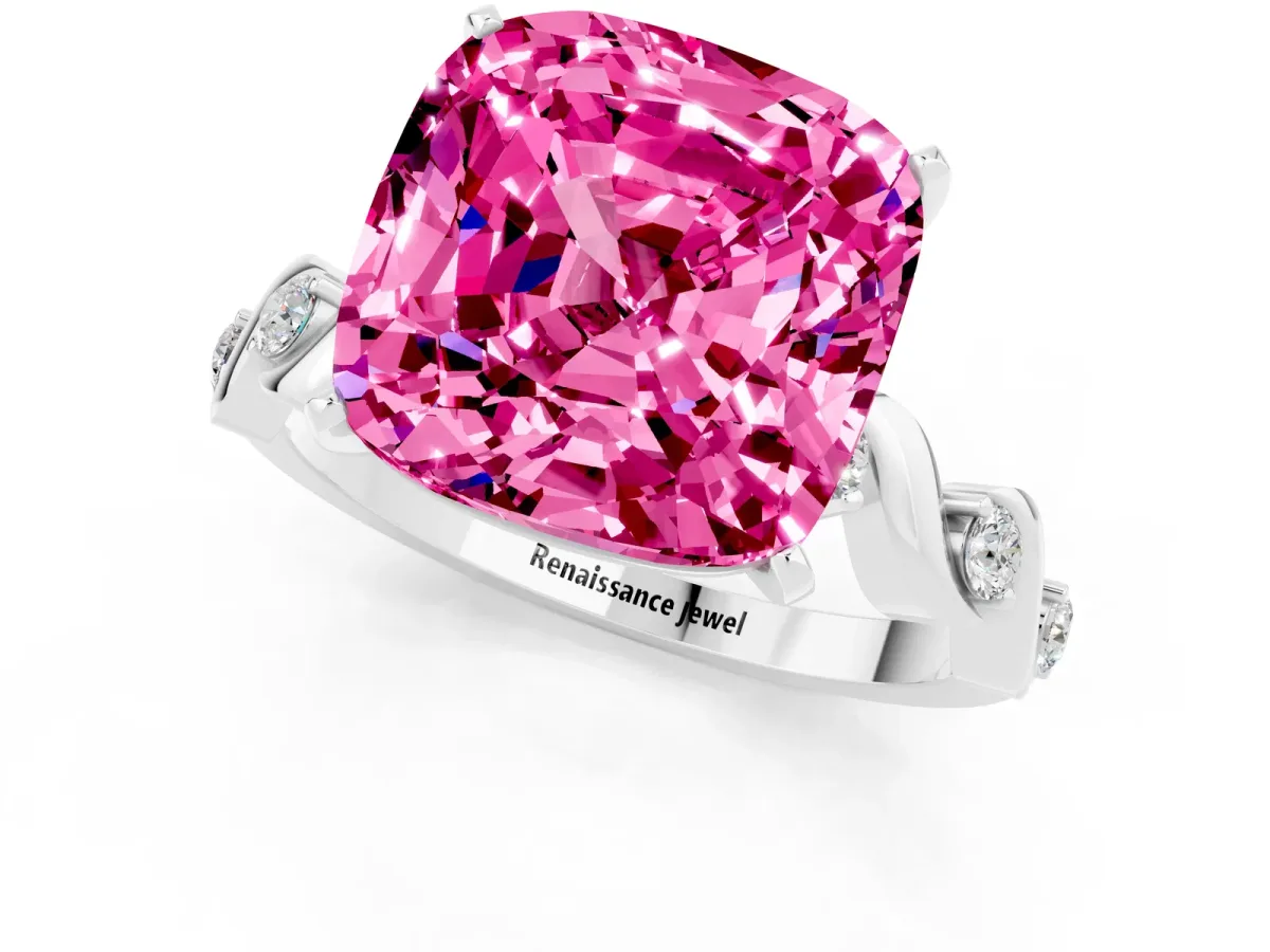 Cushion Cut Pink Sapphire Solitaire Twisted Band with Round Accents and Prong Setting White gold