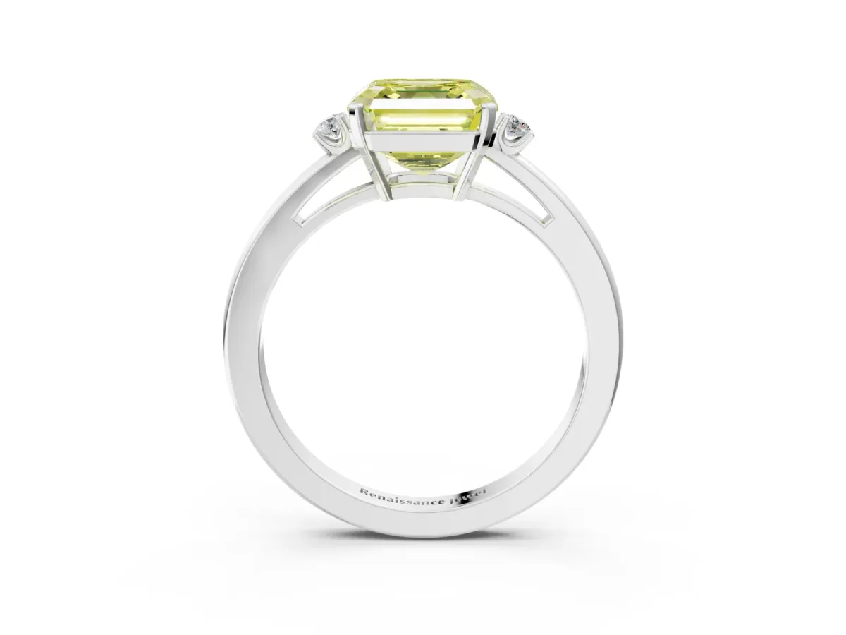 Fancy Yellow Asscher Cut Cut Three-Stone Solitaire Ring with Round Accent Diamonds and Four-Prong Setting Platinum