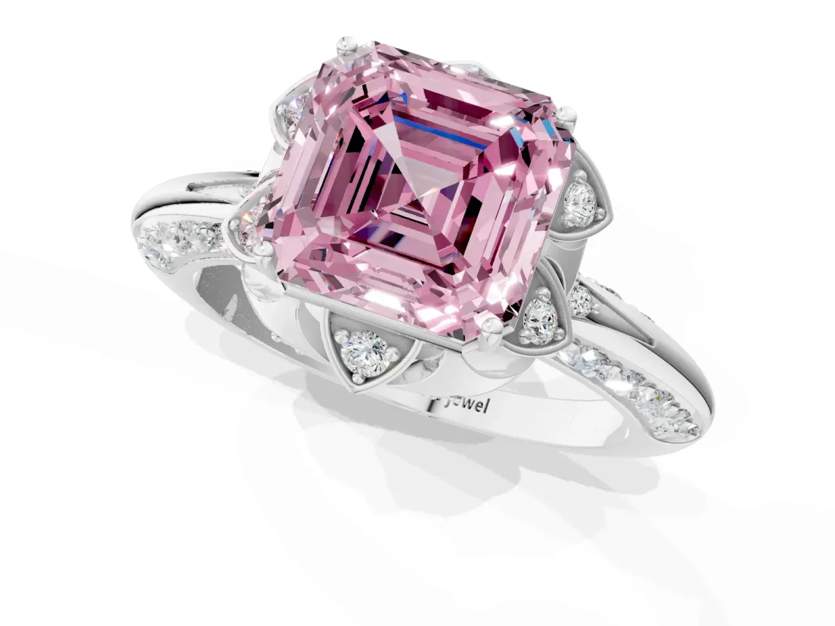 Fancy Pink Asscher Cut Halo Split Shank Pave Diamond Ring with Petal Prong Setting Platinum