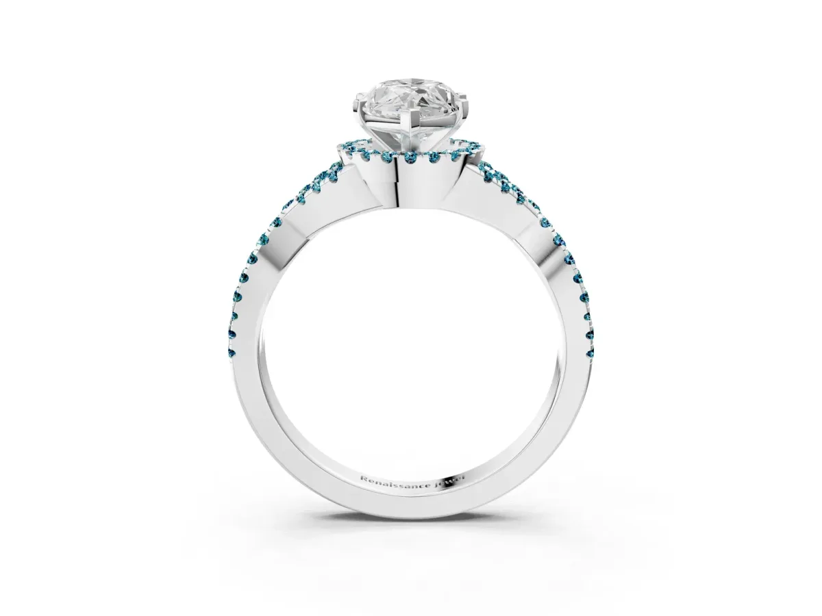 Marquise Cut Diamond Blue Topaz Halo Twist Band Solitaire Prong Setting Ring White gold