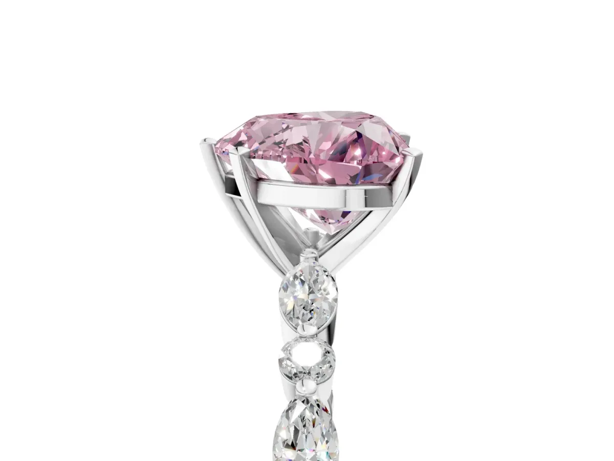 Fancy Pink Heart Cut Diamond Ring with Marquise and Round Side Stones and Four-Prong Setting White gold