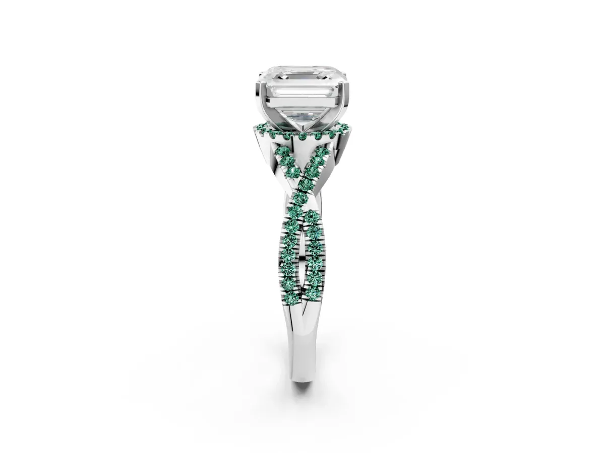 Asscher Cut Diamond Green Sapphire Halo Twist Band Solitaire Prong Setting Ring White gold