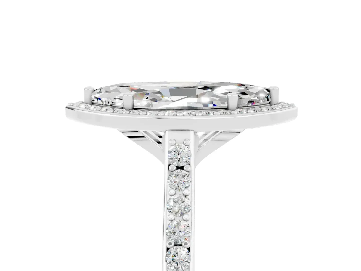 Marquise Cut Moissanite Halo Engagement Ring with Round Pavé Shoulders and Prong Setting Silver