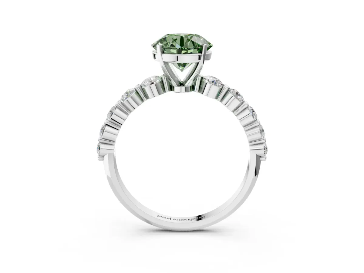 Fancy Green Round Cut Solitaire Diamond Ring with Pave Band and Four-Prong Setting Silver