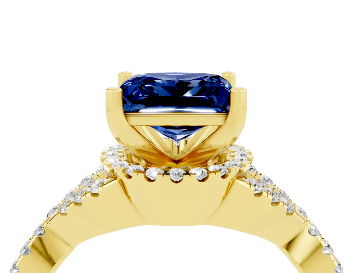 Princess Cut Blue Sapphire Halo Twist Band Solitaire Prong Setting Ring Yellow gold