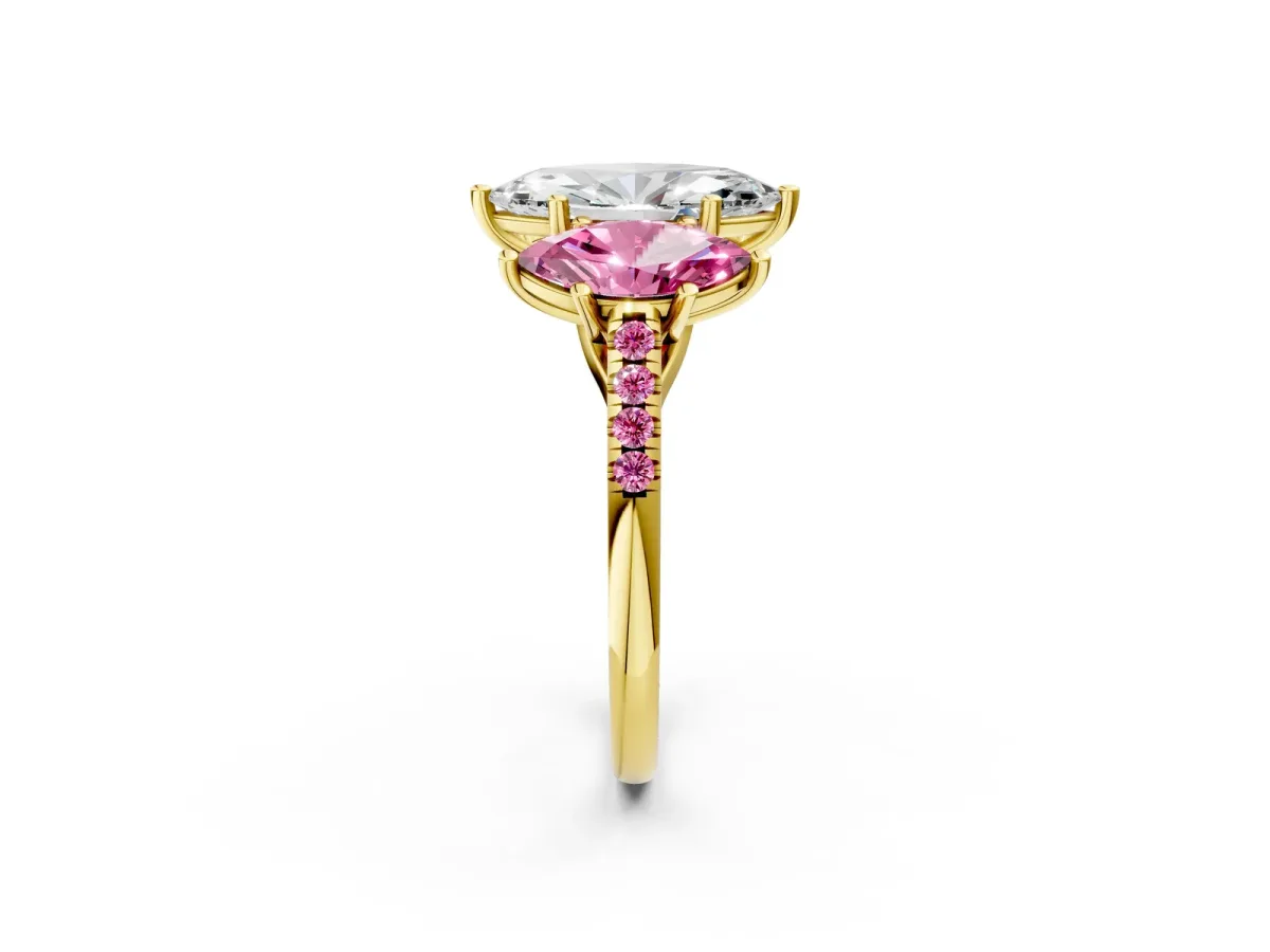 Three-Stone Marquise Cut Diamond Ring with Round Pink Sapphire Pavé Band and Prong Setting Yellow gold